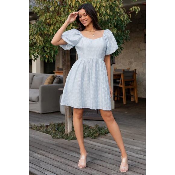 Baltic Born Women XS Sommer Short Dress Light Blue Puff Sleeves A Lime Textured - Picture 1 of 7